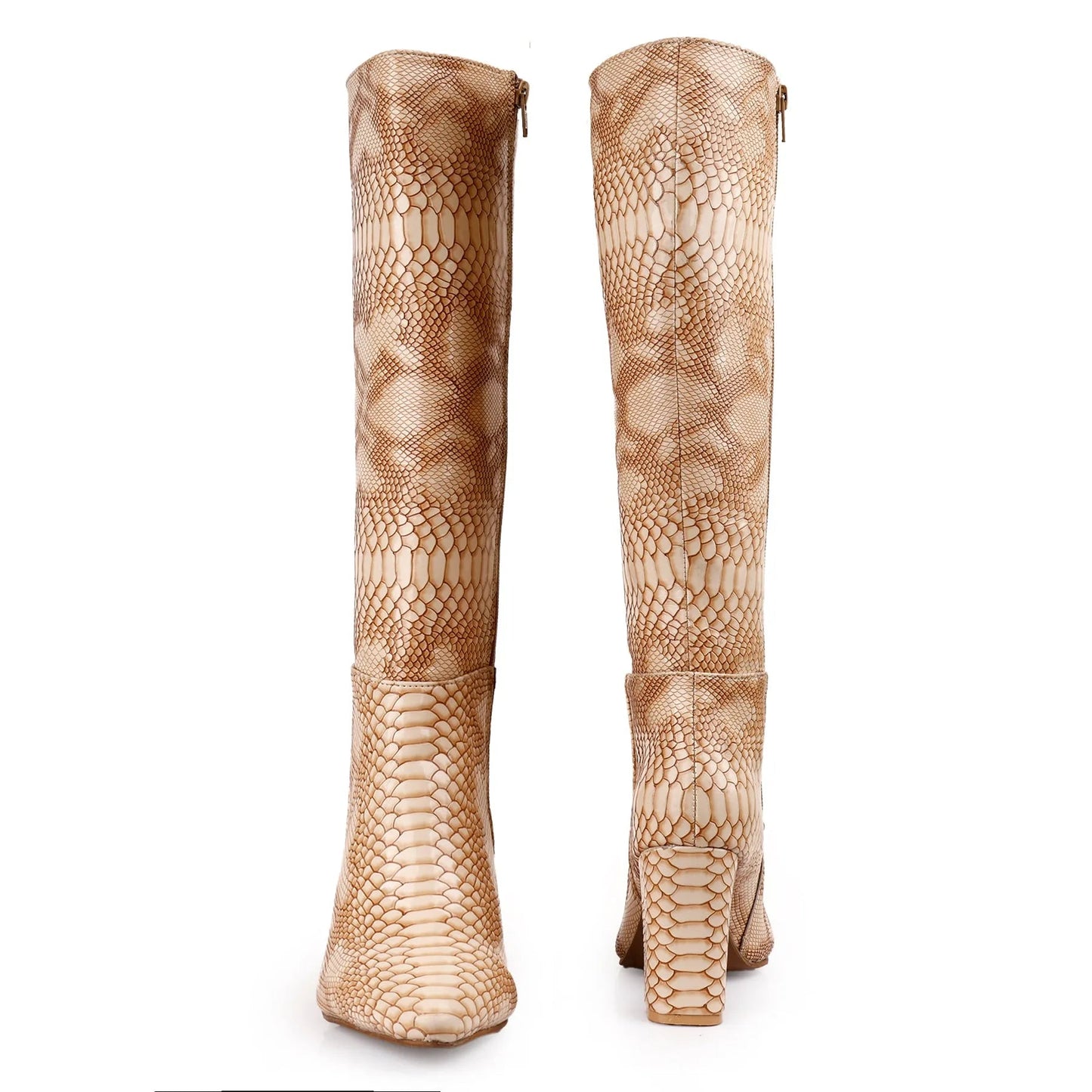 A pair of tall knee-high boots with a beige and tan snakeskin pattern, shown from the back on a solid white background.
