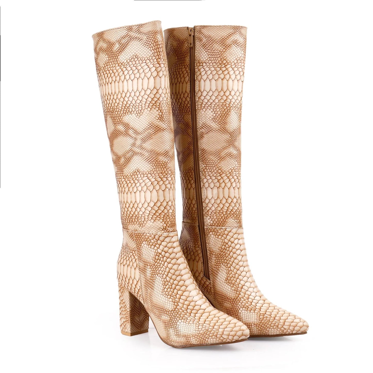 A pair of knee-high pointed-toe boots with a tan and beige python-style snakeskin pattern, featuring a high block heel and a side zipper.
