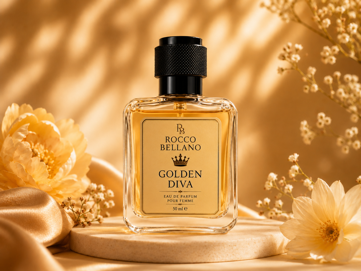 Rocco Bellano Golden Diva perfume bottle with flowers on a warm background
