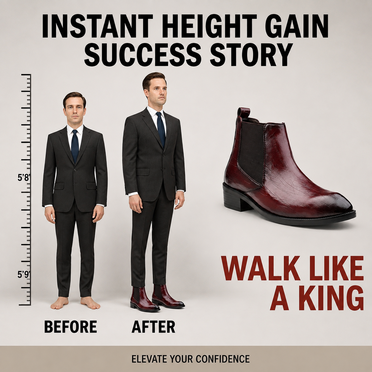 Promotional graphic for a men's Chelsea boot, showing a before-and-after comparison of a man in a suit with and without the boot. The text reads 'INSTANT HEIGHT GAIN SUCCESS STORY', 'WALK LIKE A KING', and 'ELEVATE YOUR CONFIDENCE'.