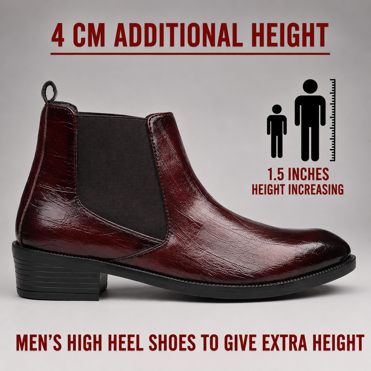 A dark burgundy leather ankle boot with a black elastic side panel, shown on a light gray background with promotional text and height-increasing graphics.