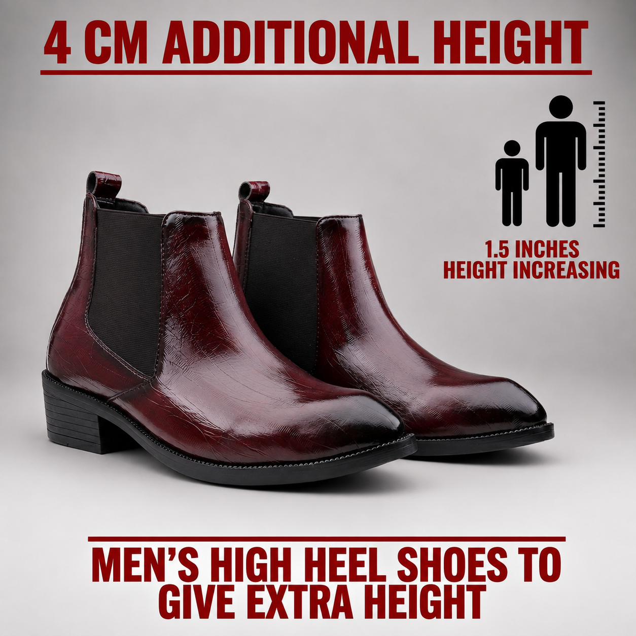 A pair of men's glossy dark red ankle boots with black elastic side panels and low block heels, shown on a light gray background with promotional text and a height-increase graphic.