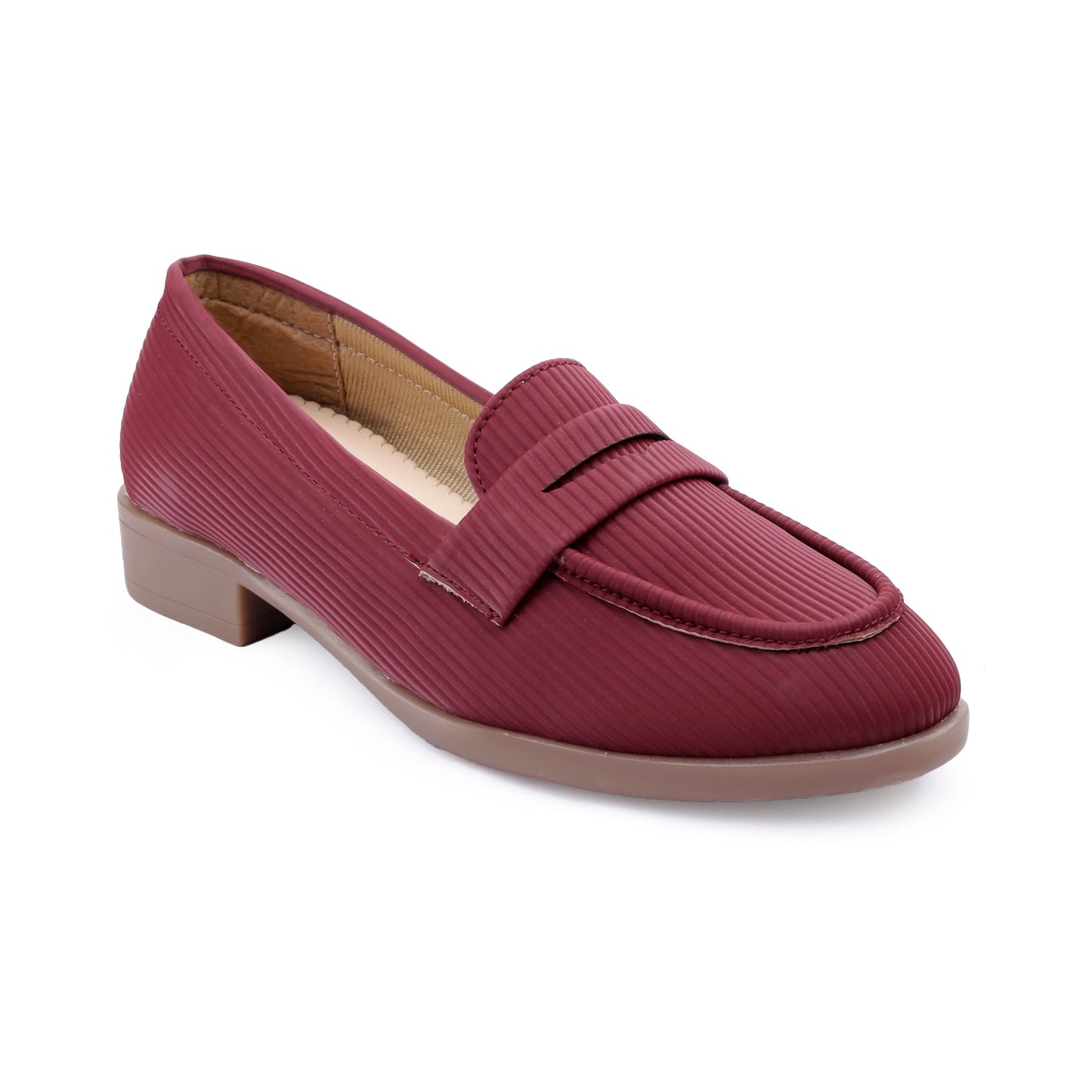 A single women's penny loafer in a textured burgundy red material, featuring a low block heel and a tan sole, shown against a plain white background.