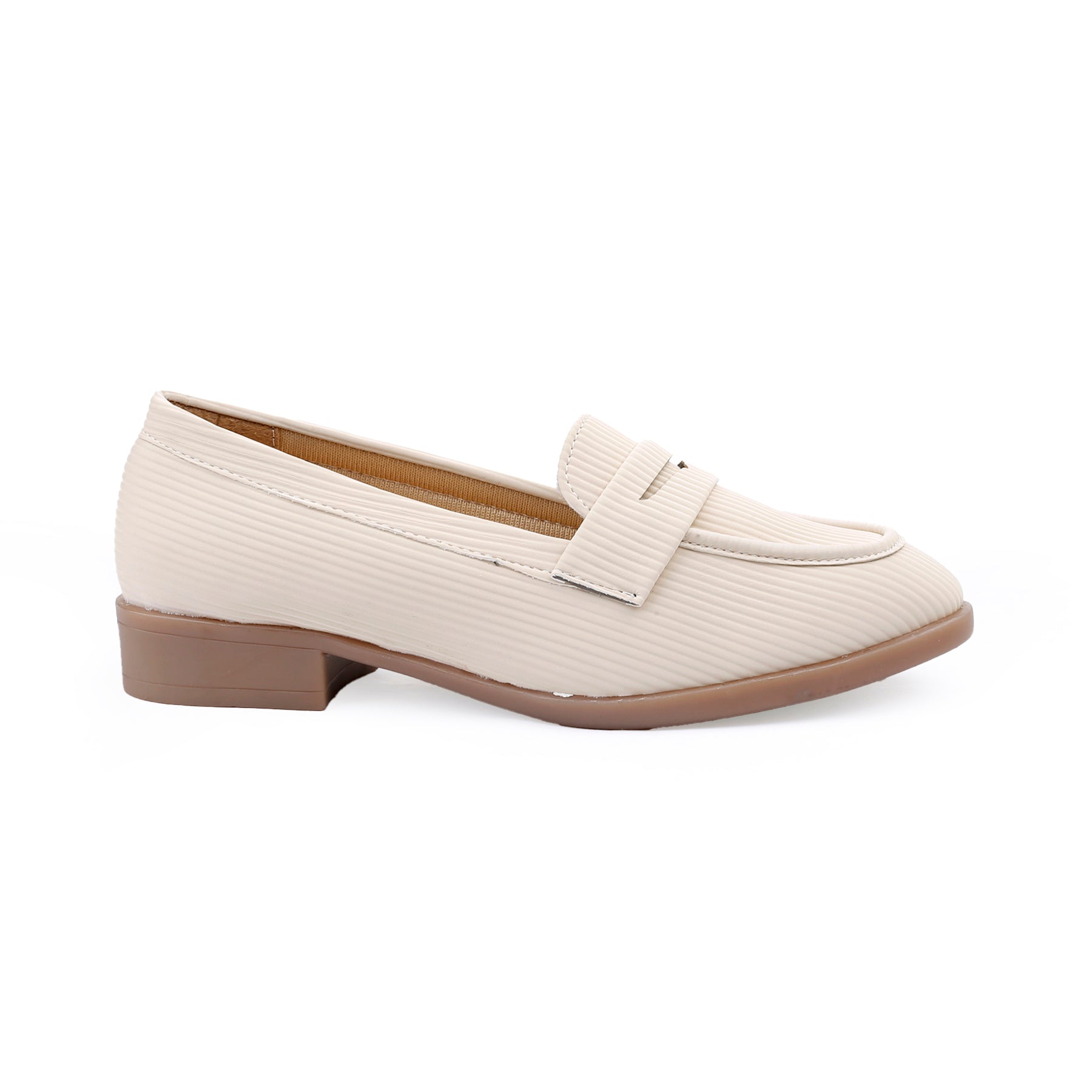 A single women's penny loafer in a light cream color with a subtle vertical ribbed texture, a low block heel, and a brown sole, shown from a side profile on a white background.