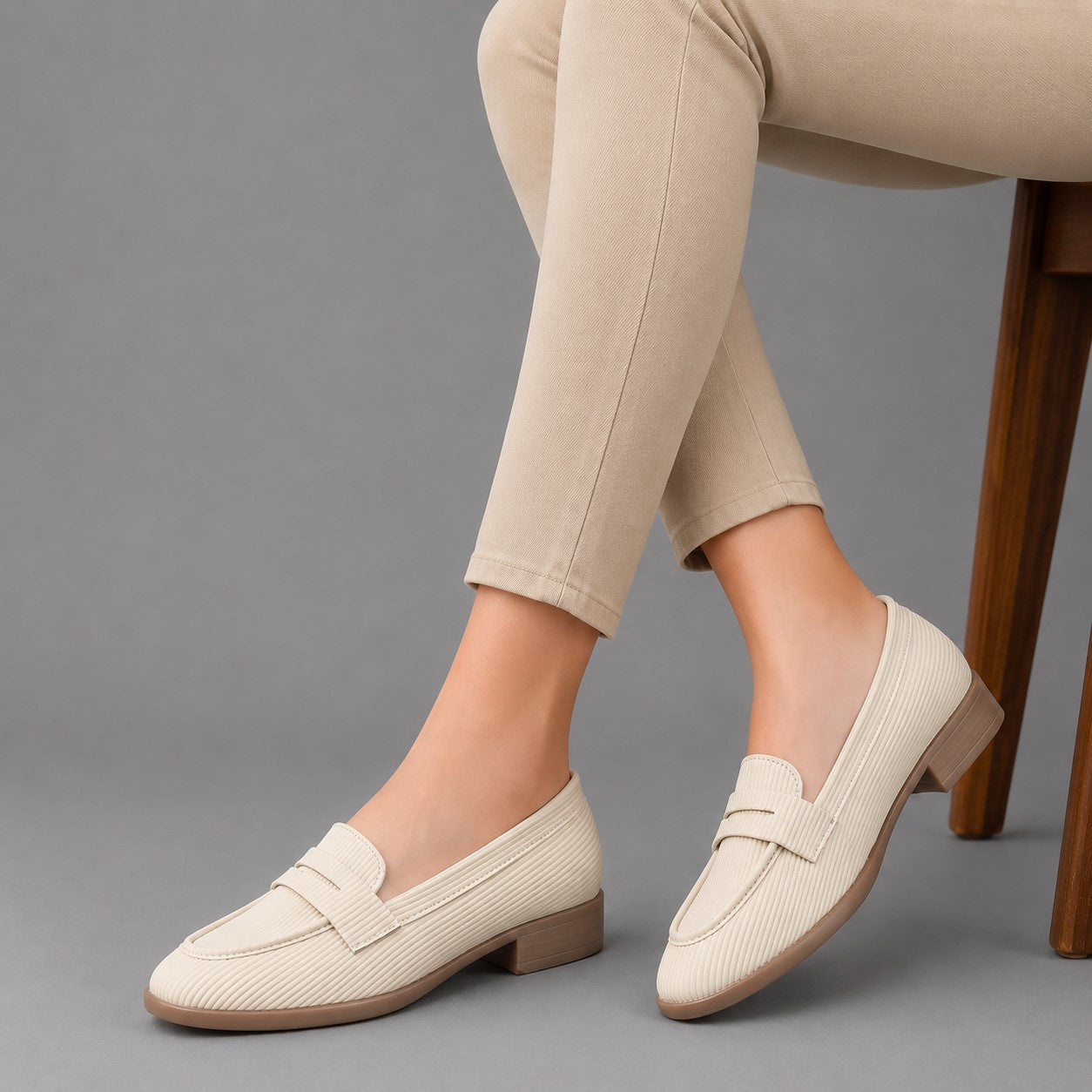 Beige loafers worn with beige pants on a gray background