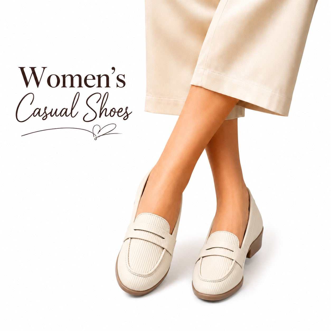 White women's casual shoes worn with beige pants on a white background