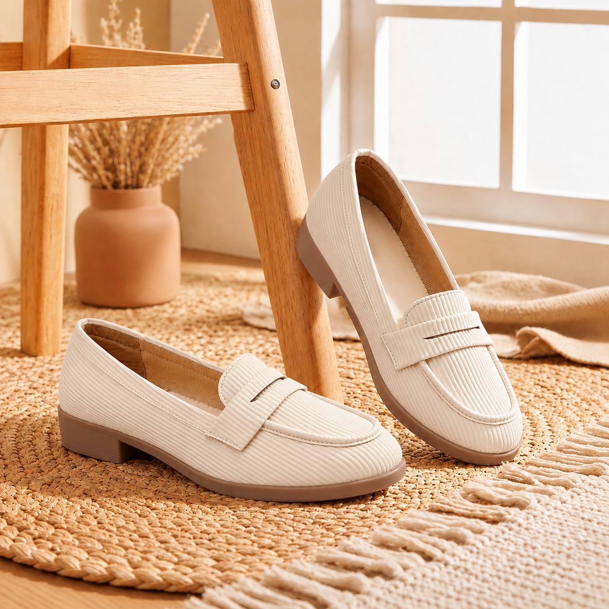 Pair of beige loafers on a textured surface with a wooden chair and vase in the background.