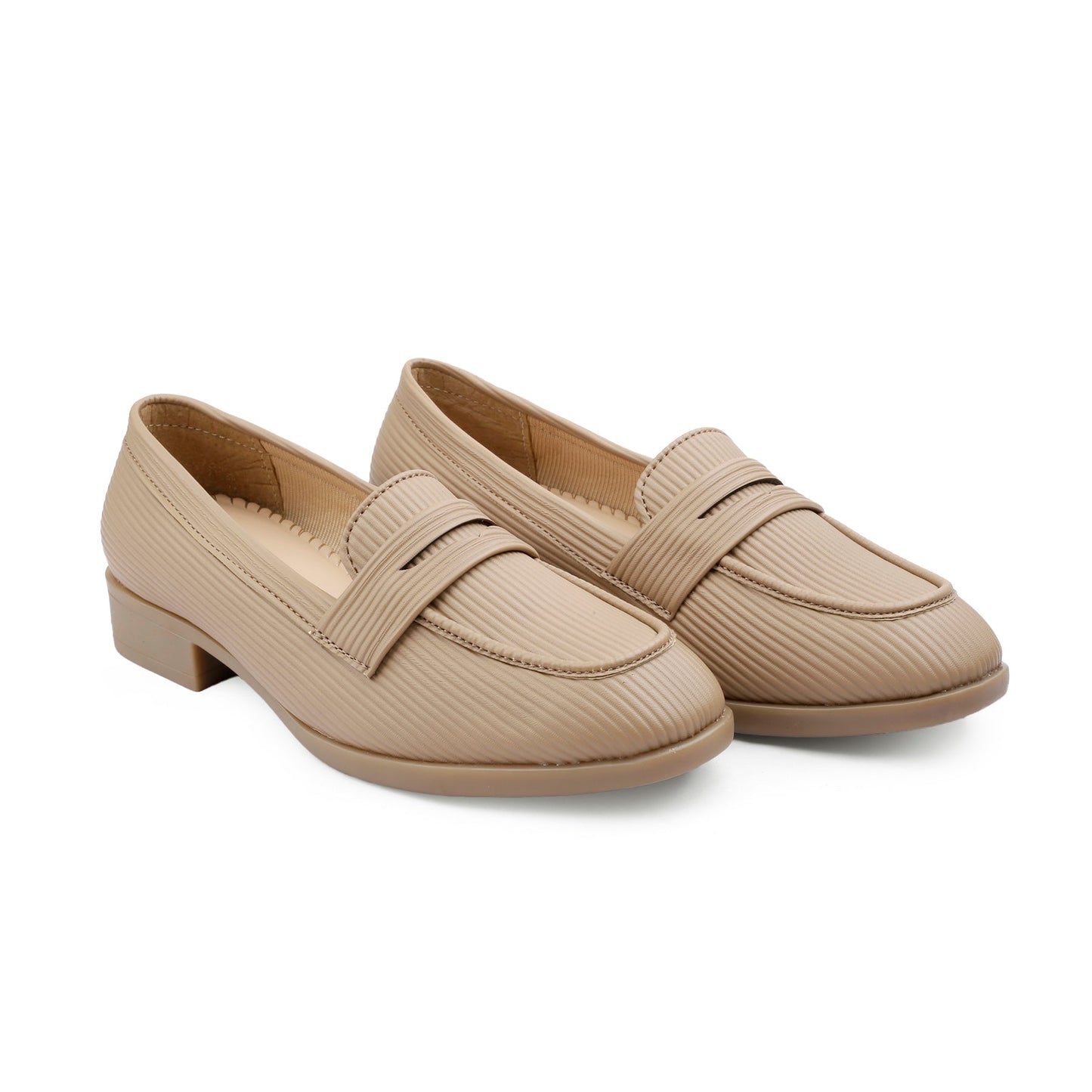 A pair of beige faux leather penny loafers with a textured vertical stripe pattern, low block heels, and a matching beige sole, shown on a white background.