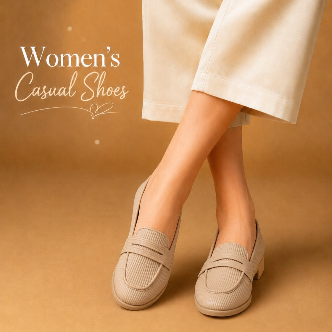 A person wearing beige women's casual loafers with a textured ribbed upper and low block heel, shown from the calves down against a warm tan background. White text in the upper left reads 'Women's Casual Shoes'.