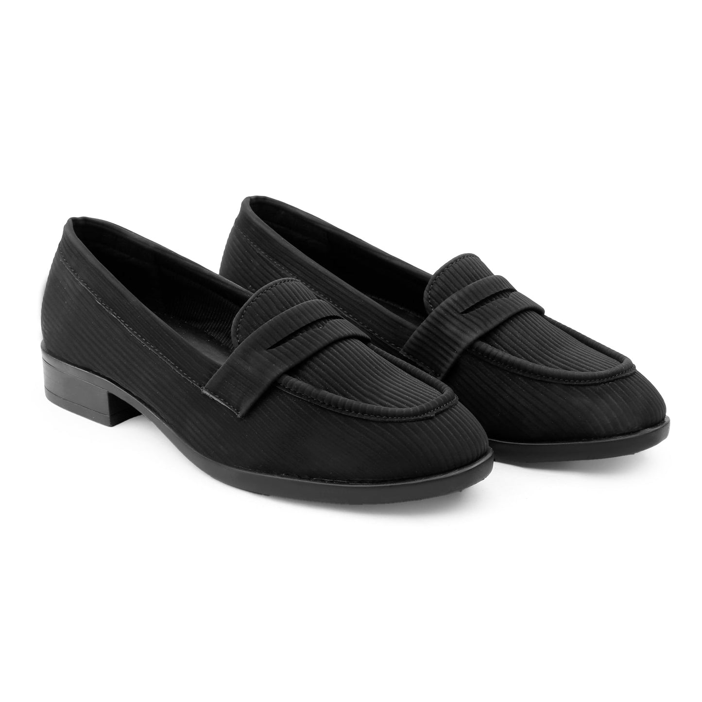 A pair of black penny loafers with a ribbed fabric upper and low block heel, shown on a plain white background.