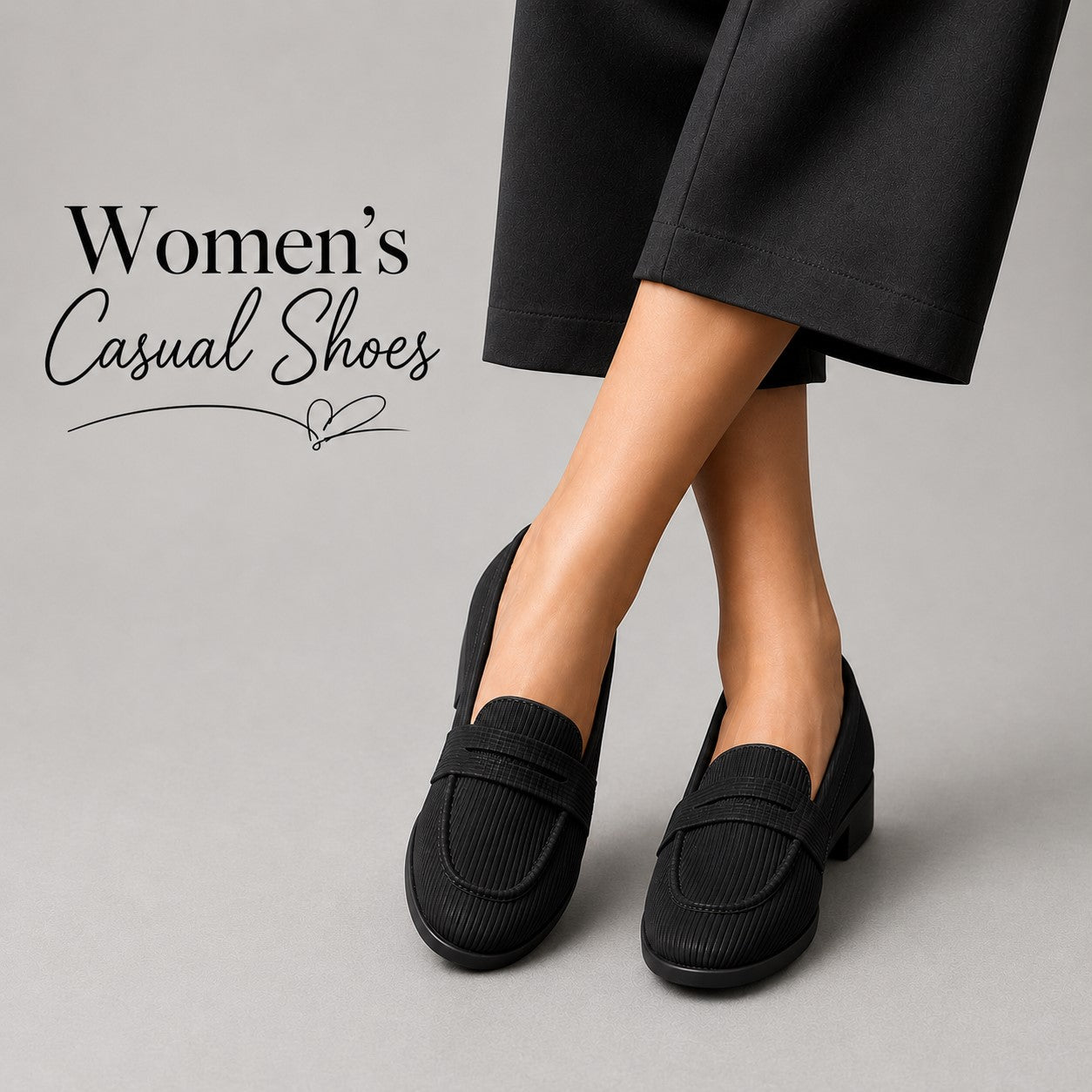 Black casual shoes worn with black pants on a gray background, labeled 'Women's Casual Shoes'.