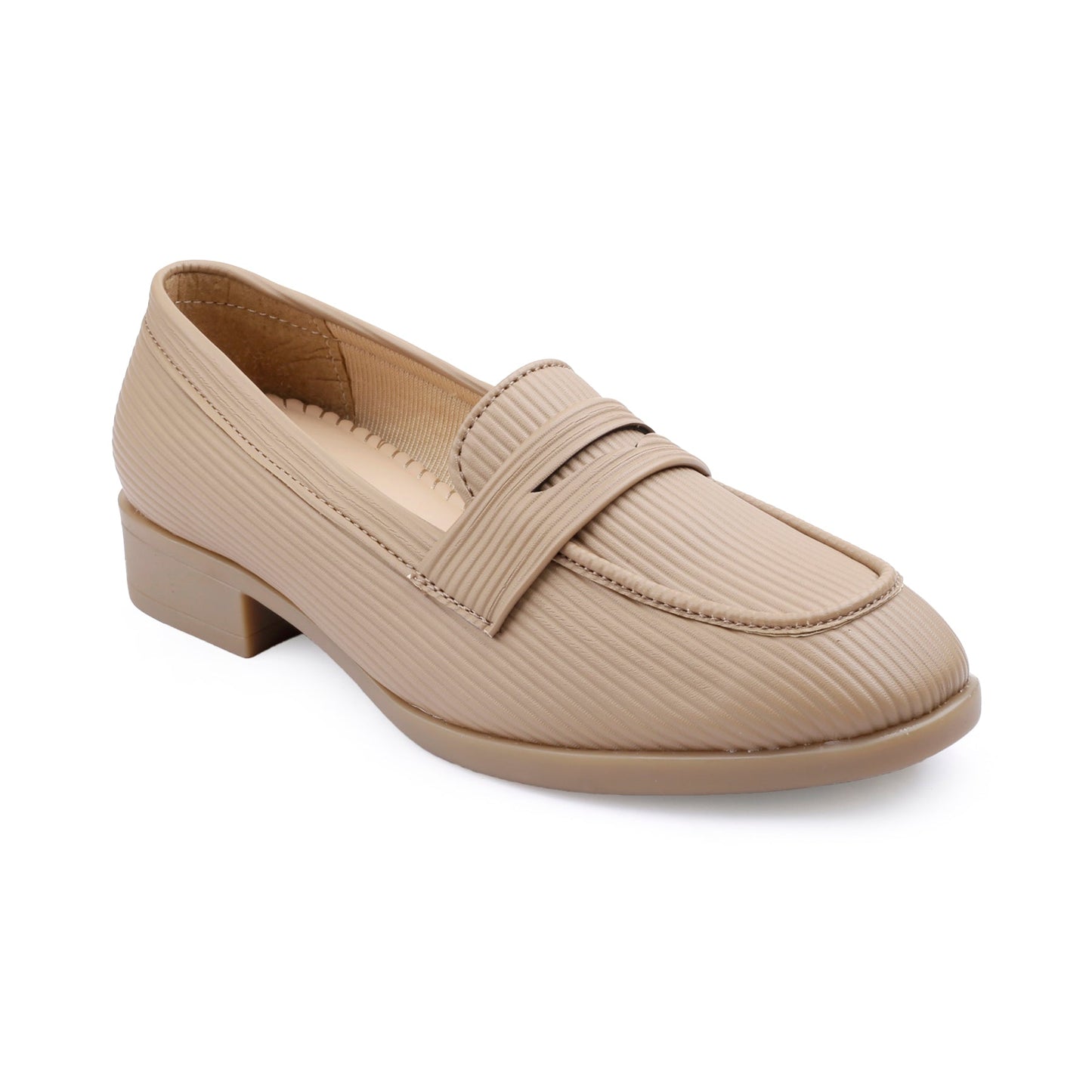 A single beige textured penny loafer with a low block heel, shown from a three-quarters angle on a white background.