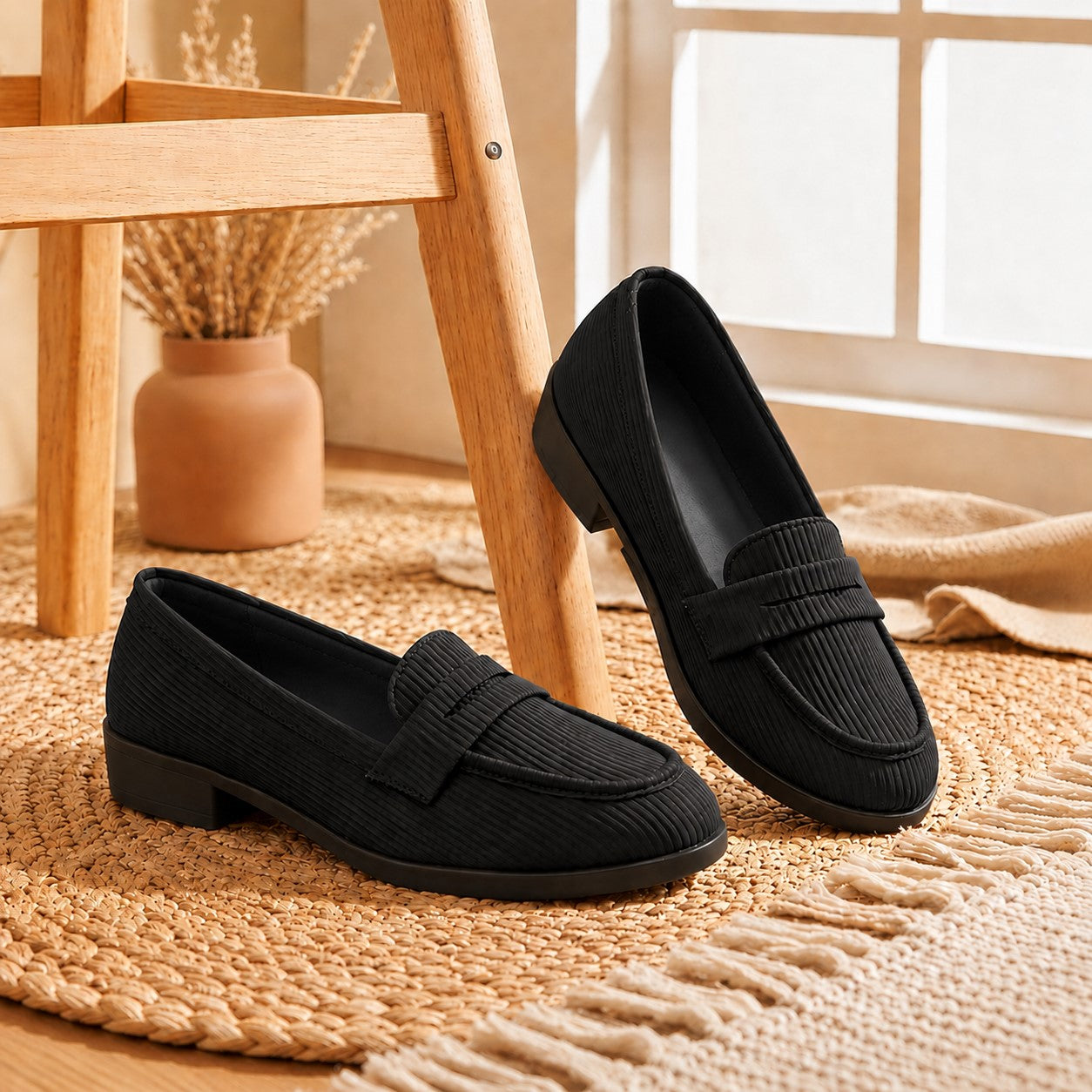 Pair of black loafers on a textured rug with a wooden chair and vase in the background.b