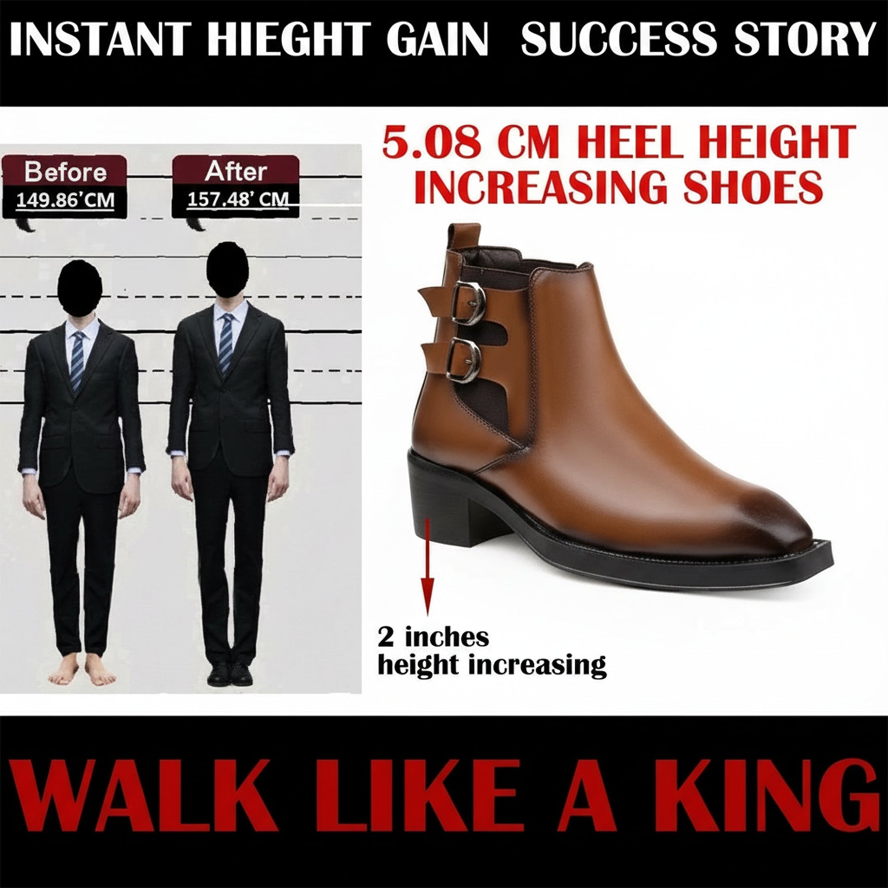 A promotional graphic for a brown ankle boot with heel height increase claims. The right side shows the boot on a white background with text reading '5.