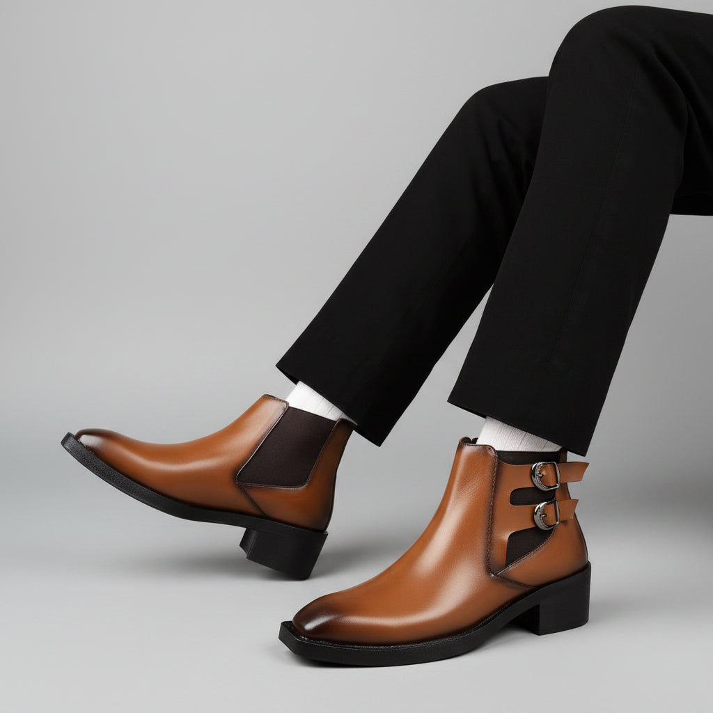 A person wearing brown leather ankle boots with black side panels and buckle details, paired with black trousers, sitting on a wooden floor.