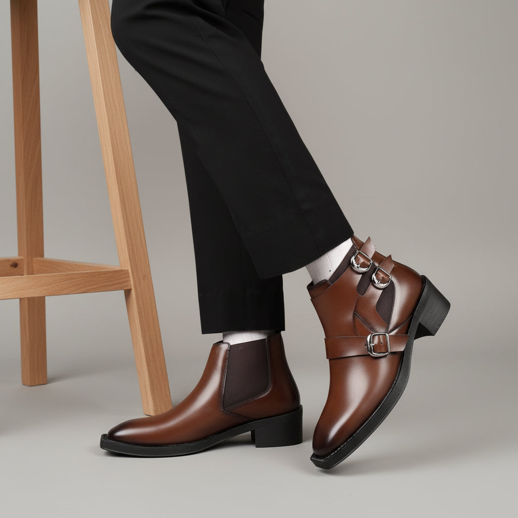 Brown leather boots worn with black pants on a beige background