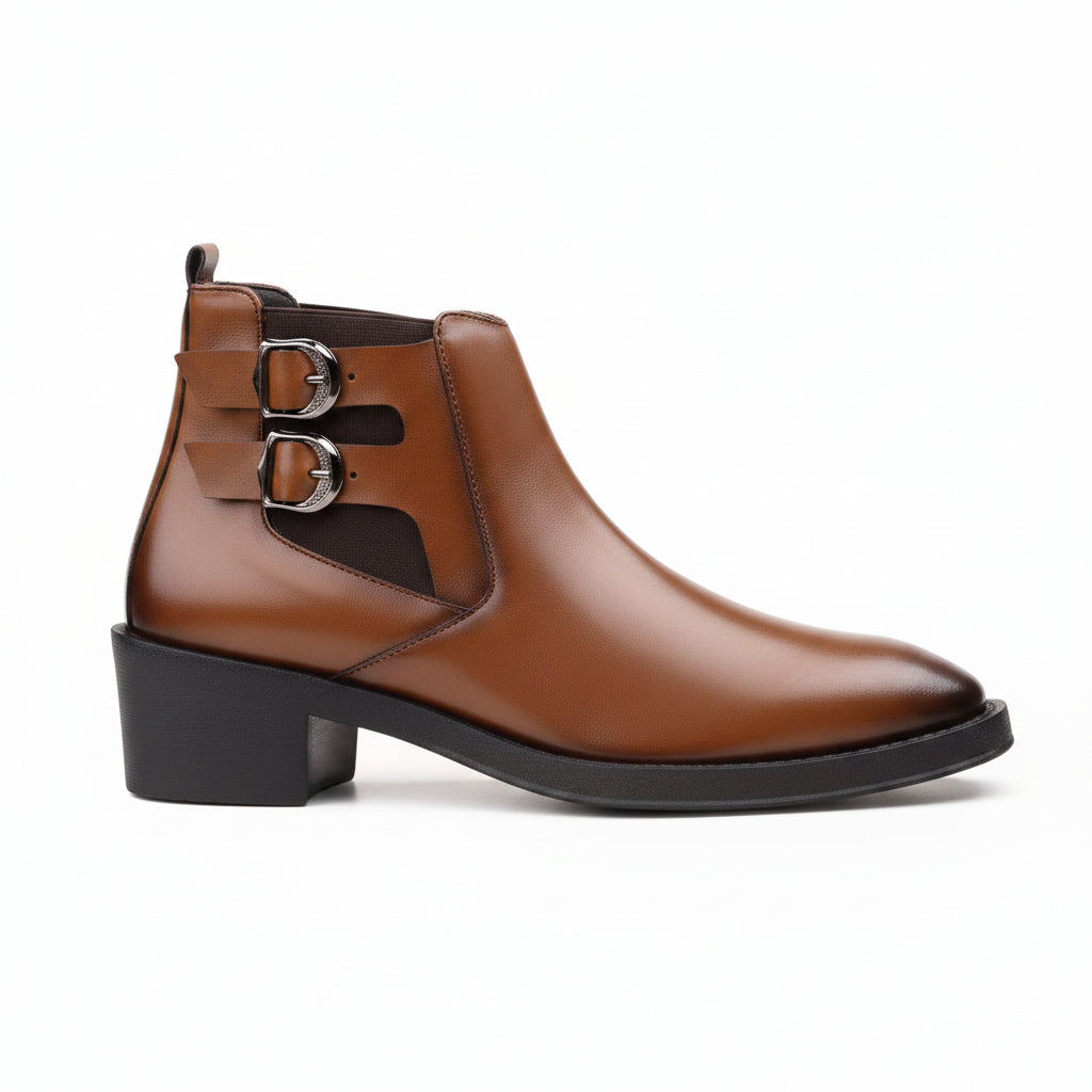 Brown leather boot with metal buckles on a white background
