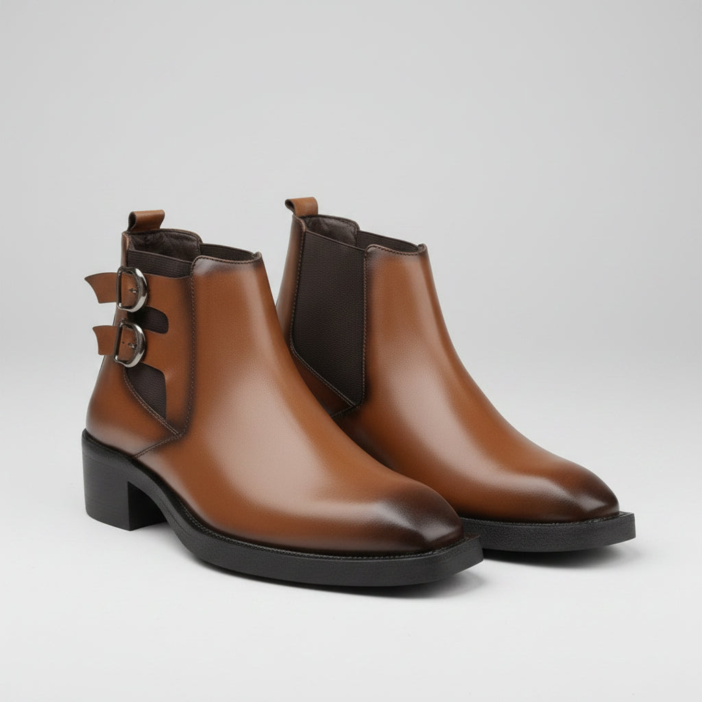 Pair of brown leather ankle boots with buckles on a wooden surface.