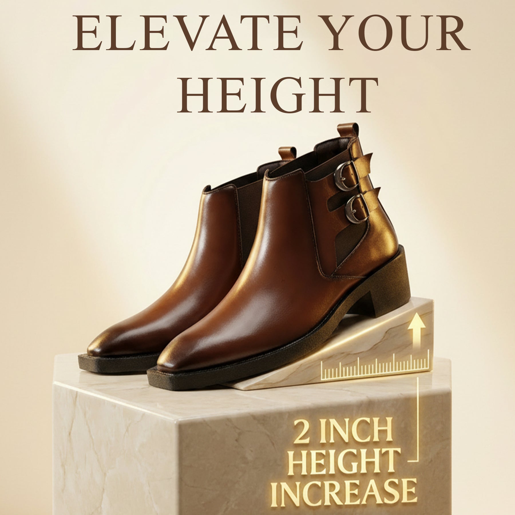 A pair of brown leather ankle boots with side buckle details, displayed on a marble pedestal with text overlays reading 'ELEVATE YOUR HEIGHT' and '2 INCH HEIGHT INCREASE'.