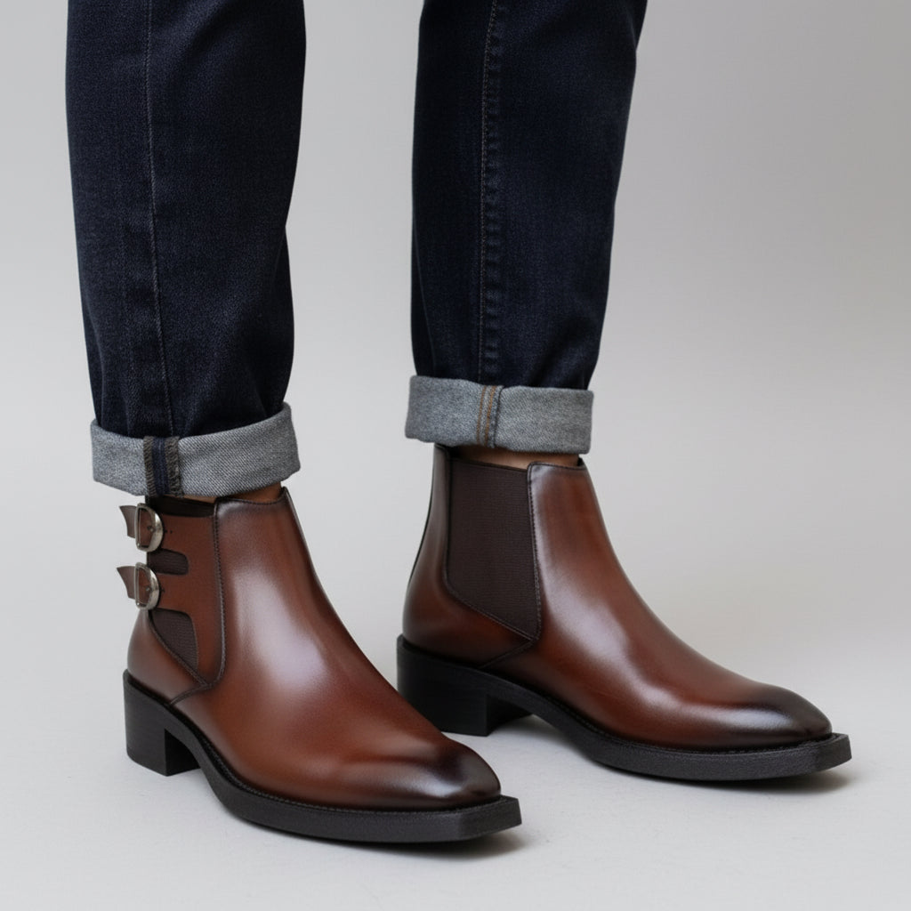 Brown leather boots with metal buckles worn with dark jeans on a stone pavement.