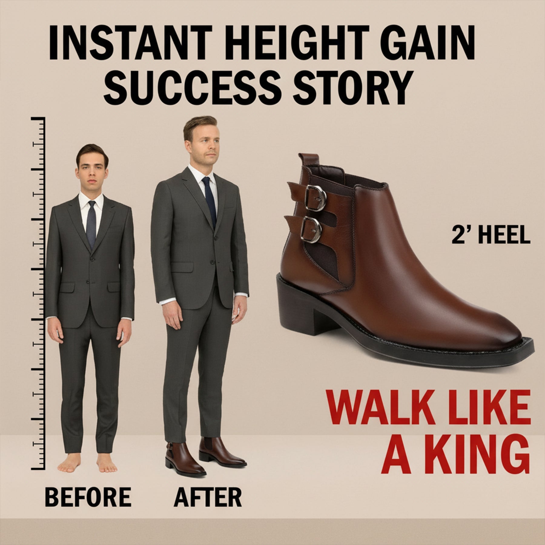 Comparison of a man in a suit with and without a boot, highlighting height gain with a 2-inch heel, on a beige background.