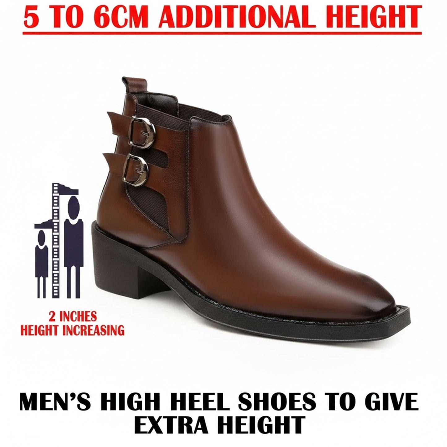 Brown men's high heel shoe with text indicating additional height and heel size.