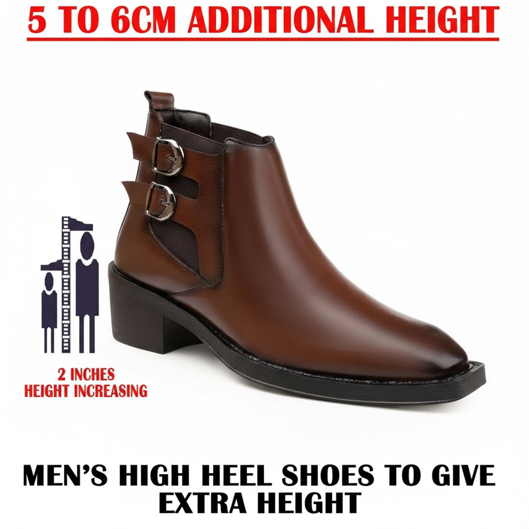 Brown men's high heel shoe with text indicating additional height and heel size.