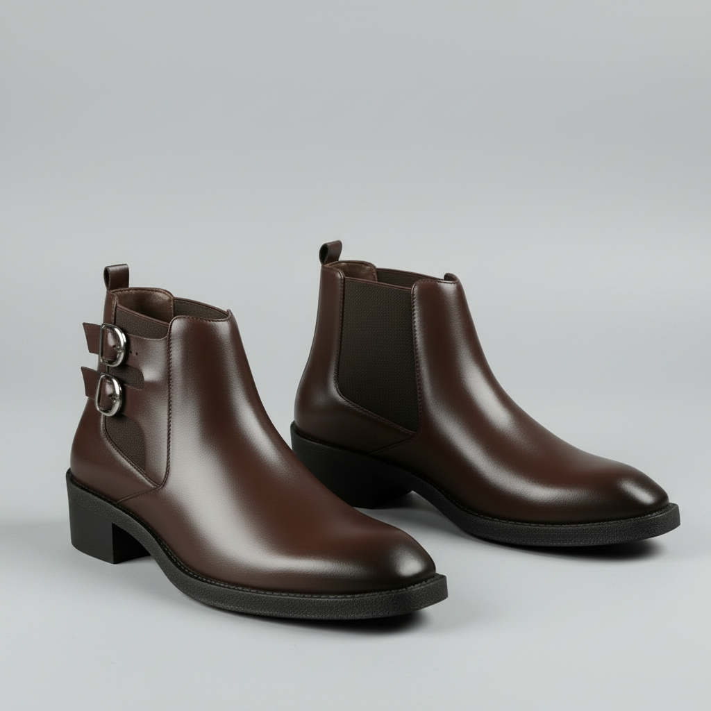 Pair of brown leather boots with buckles on a gray surface.