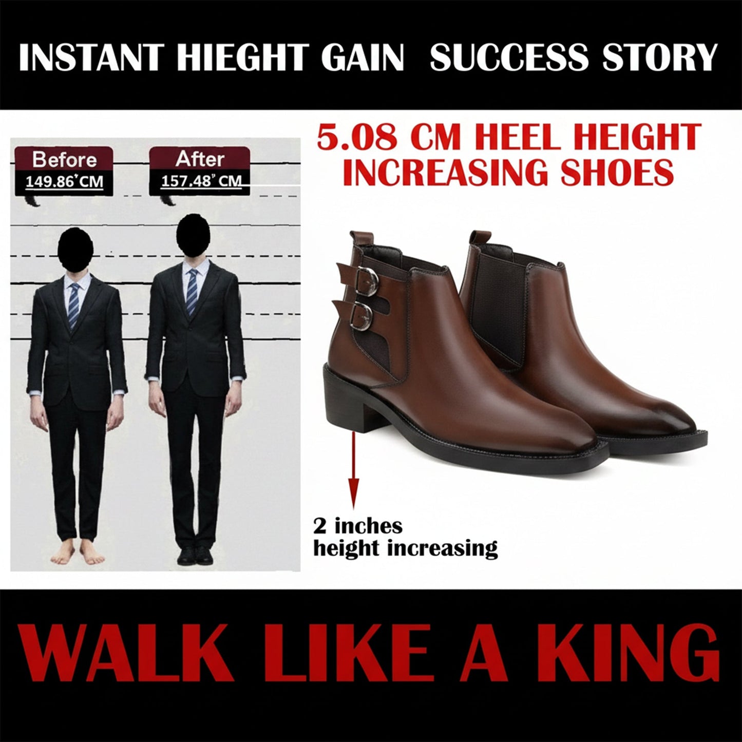 Promotional image of height-increasing shoes with before and after height comparison and text 'Instant Height Gain Success Story'.