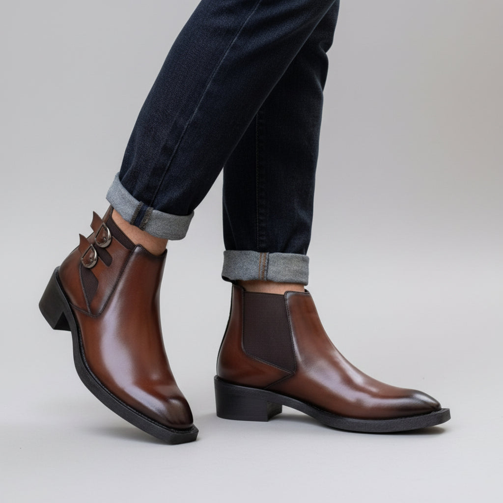 Brown leather boots worn on a cobblestone street with rolled-up jeans.