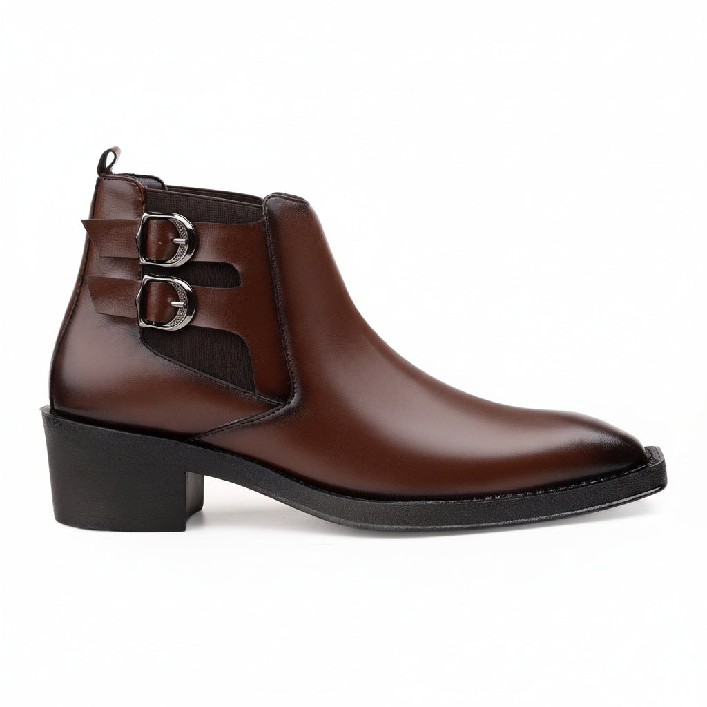 Brown leather boot with buckles on a white background