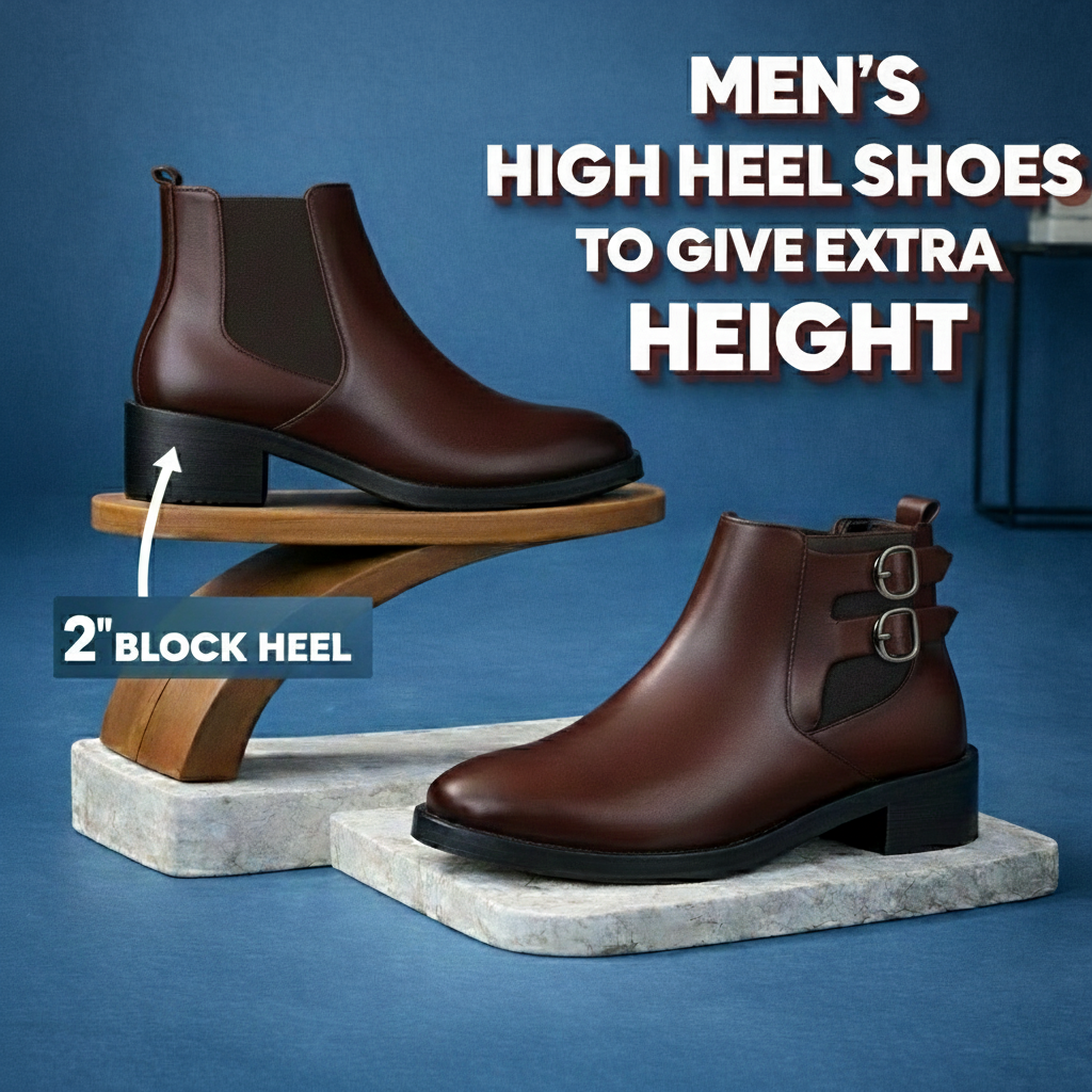 Brown men's high heel shoes with 2-inch block heel on a blue background