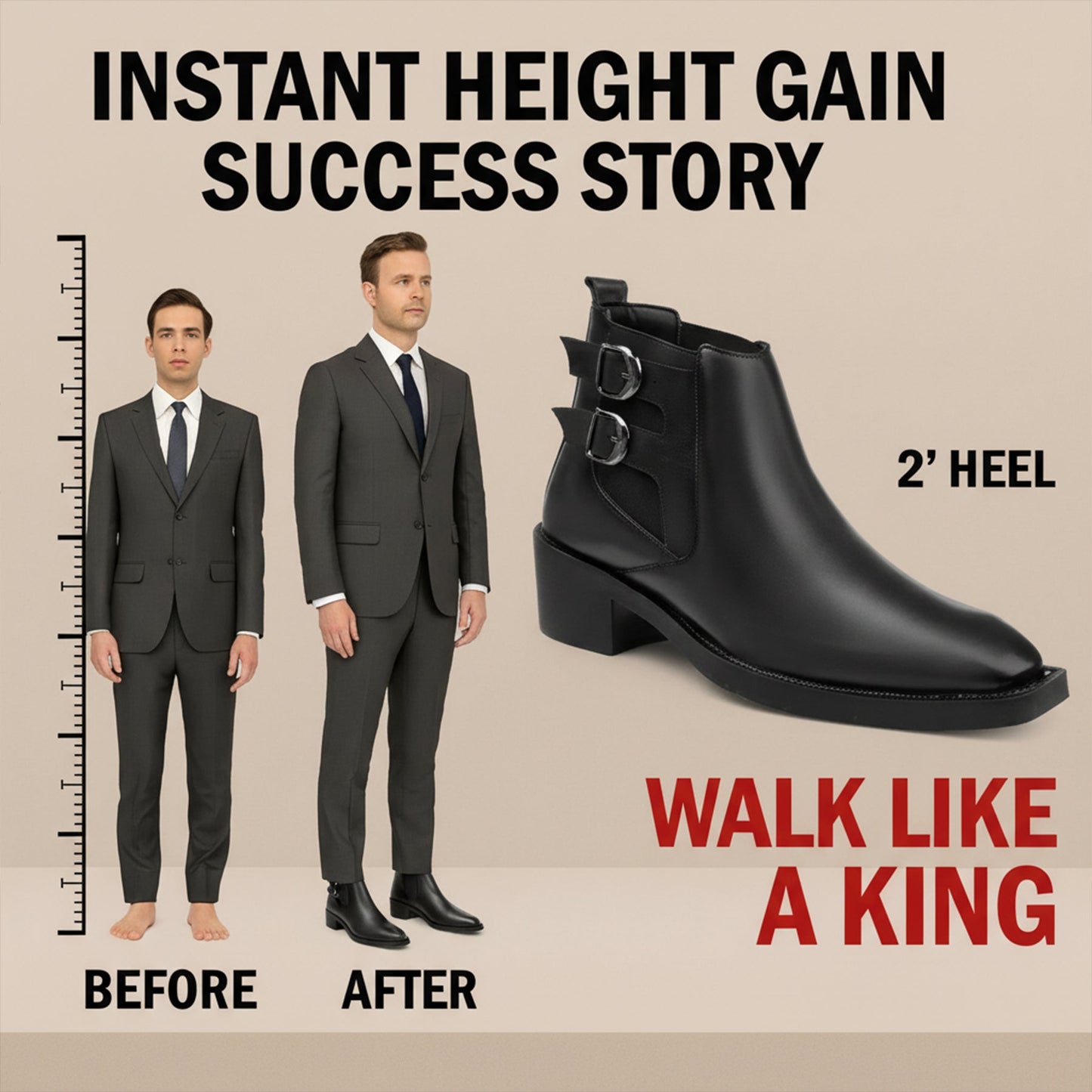 Comparison of a man in a suit with and without black boots labeled '2' heel', with text 'Instant Height Gain Success Story' and 'Walk Like A King'.