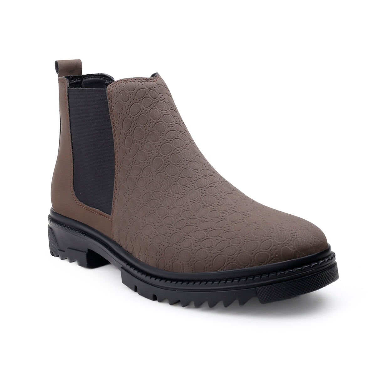 A single brown Chelsea-style ankle boot with a textured embossed pattern on the front, solid brown side panels, a black elastic side gore, and a chunky black lug sole, shown on a white background.