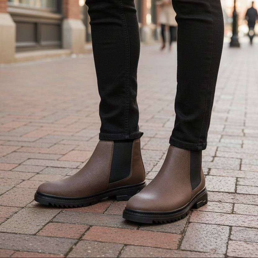 Brown Chelsea boots on a textured surface with a gray fabric background