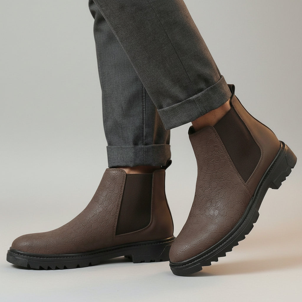 A pair of men's brown Chelsea-style ankle boots with dark elastic side panels and rugged black soles, shown worn with cuffed gray trousers on a wooden floor.