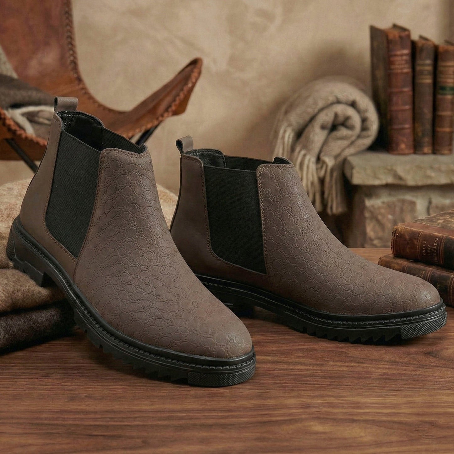 A pair of men's Chelsea-style ankle boots in textured brown leather with black elastic side panels, displayed on a wooden surface with a rustic bookshelf and leather chair in the background.