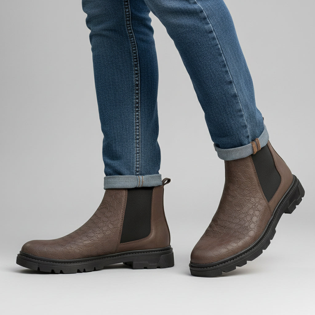 Brown Chelsea boots worn with navy pants on a stone pavement.