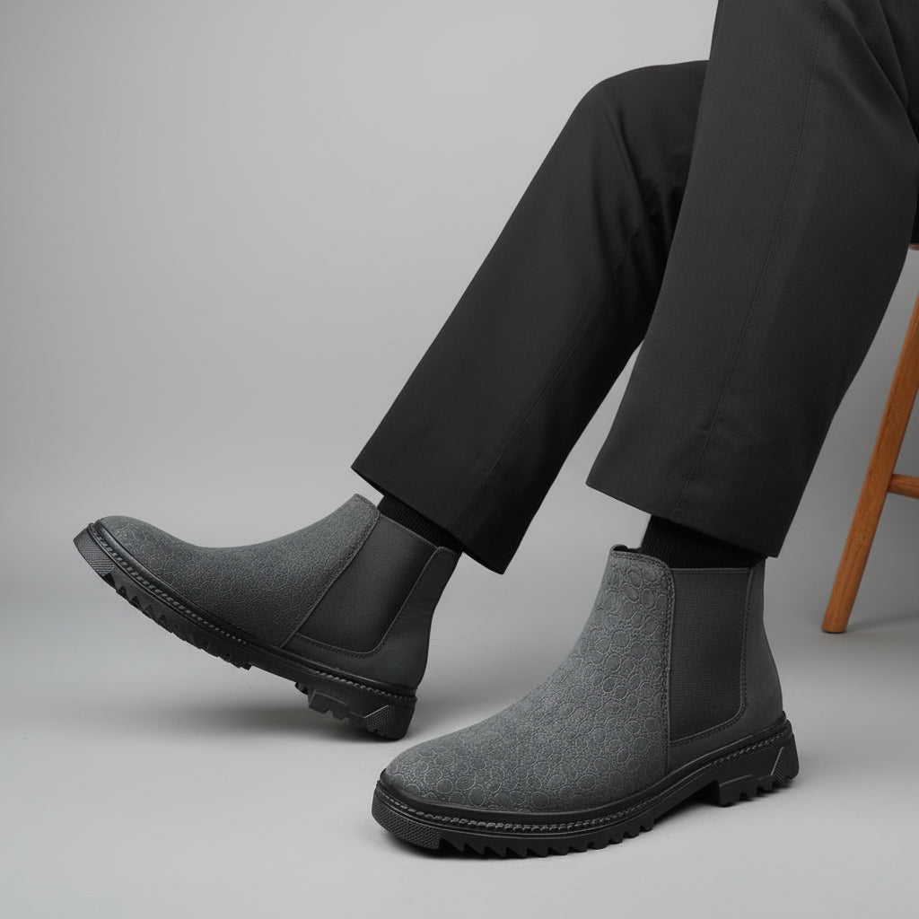 Gray Chelsea boots worn with black pants on a neutral background