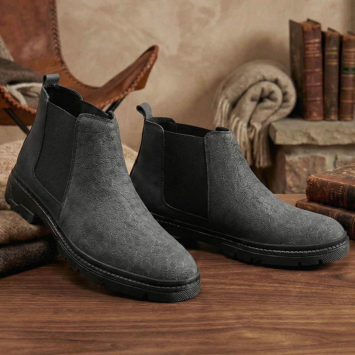 A pair of dark gray textured Chelsea boots with black elastic side panels, displayed on a wooden table with a rustic background of books, a leather chair, and a throw blanket.