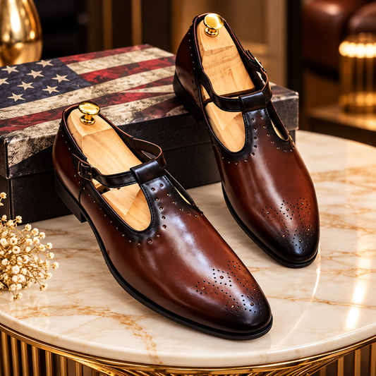 A pair of men's brown leather T-strap dress shoes with brogue perforations and gold-tone heels, displayed on a marble table with a branded shoebox in the background.