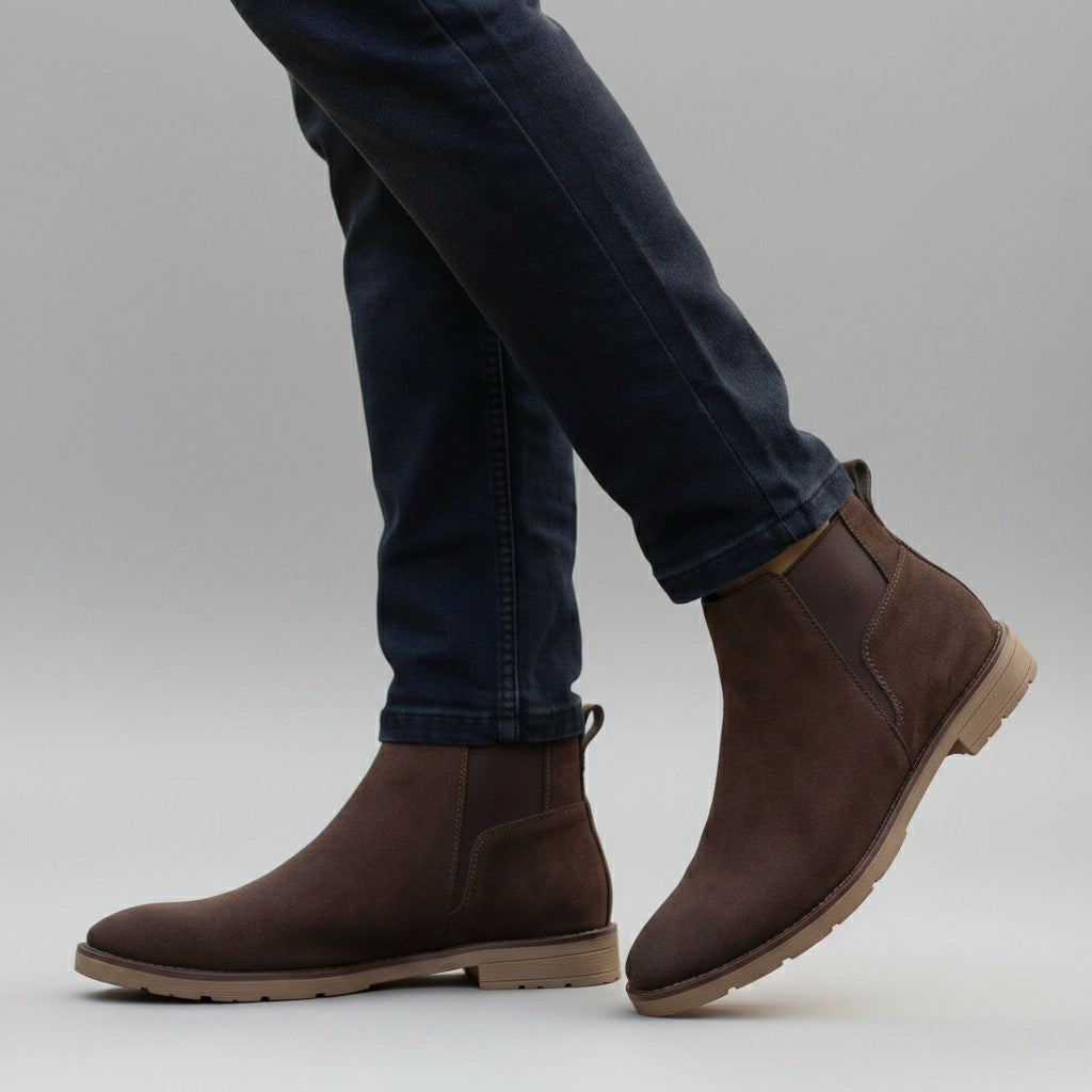 Brown Chelsea boots worn with dark jeans on a stone path.