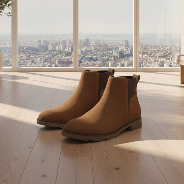 A pair of brown suede Chelsea-style ankle boots with dark brown elastic side panels, displayed on a light gray fabric runner over a wooden surface against a beige background.