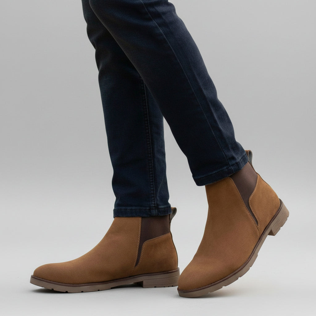 A person wearing brown suede Chelsea-style ankle boots with dark elastic side panels and dark blue jeans, standing on a cobblestone path outdoors.