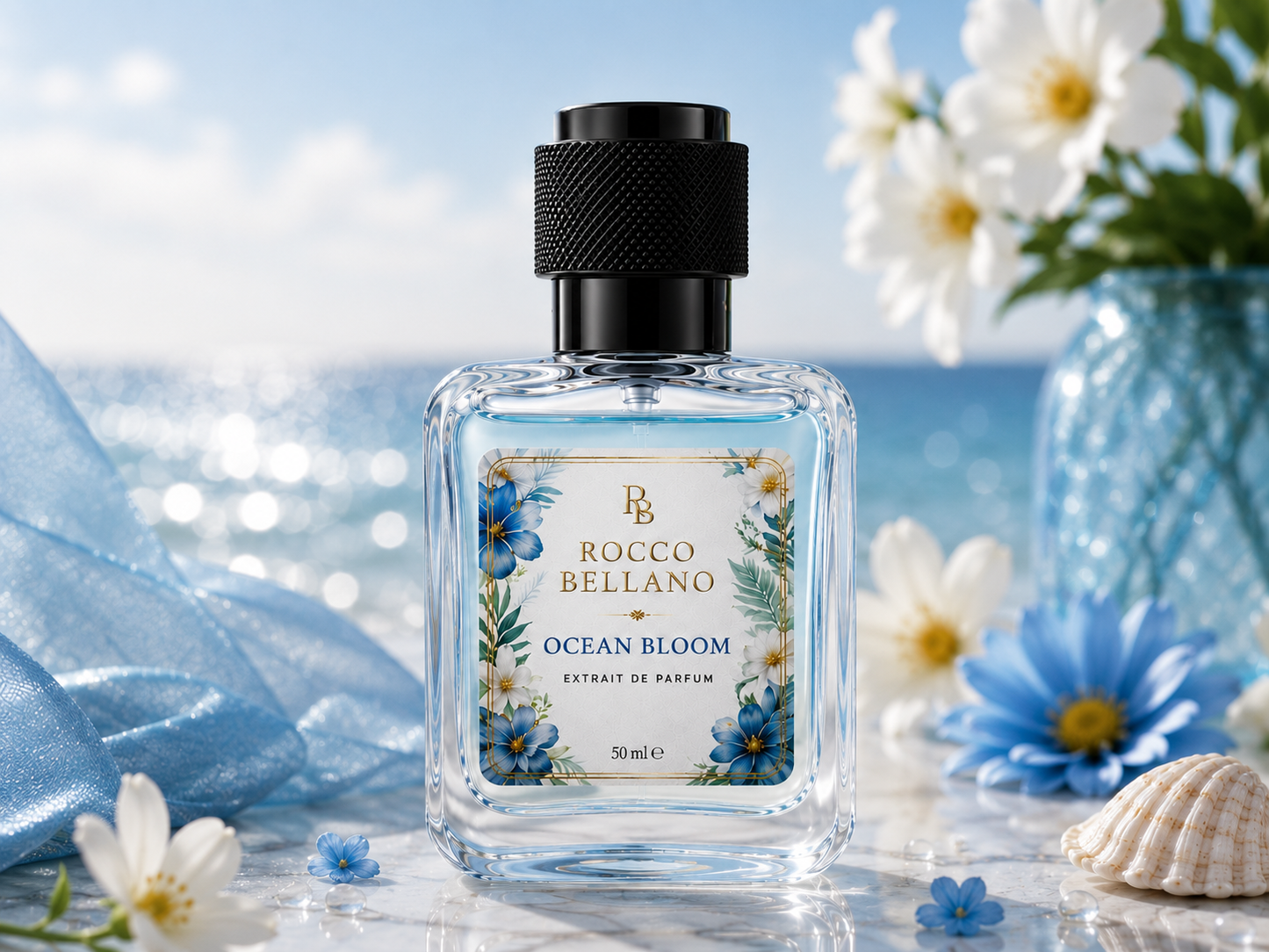 Rocco Bellano Ocean Bloom perfume bottle with flowers and a shell on a blurred beach background