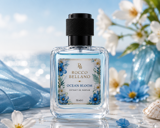 Rocco Bellano Ocean Bloom perfume bottle with flowers and blue fabric in the background