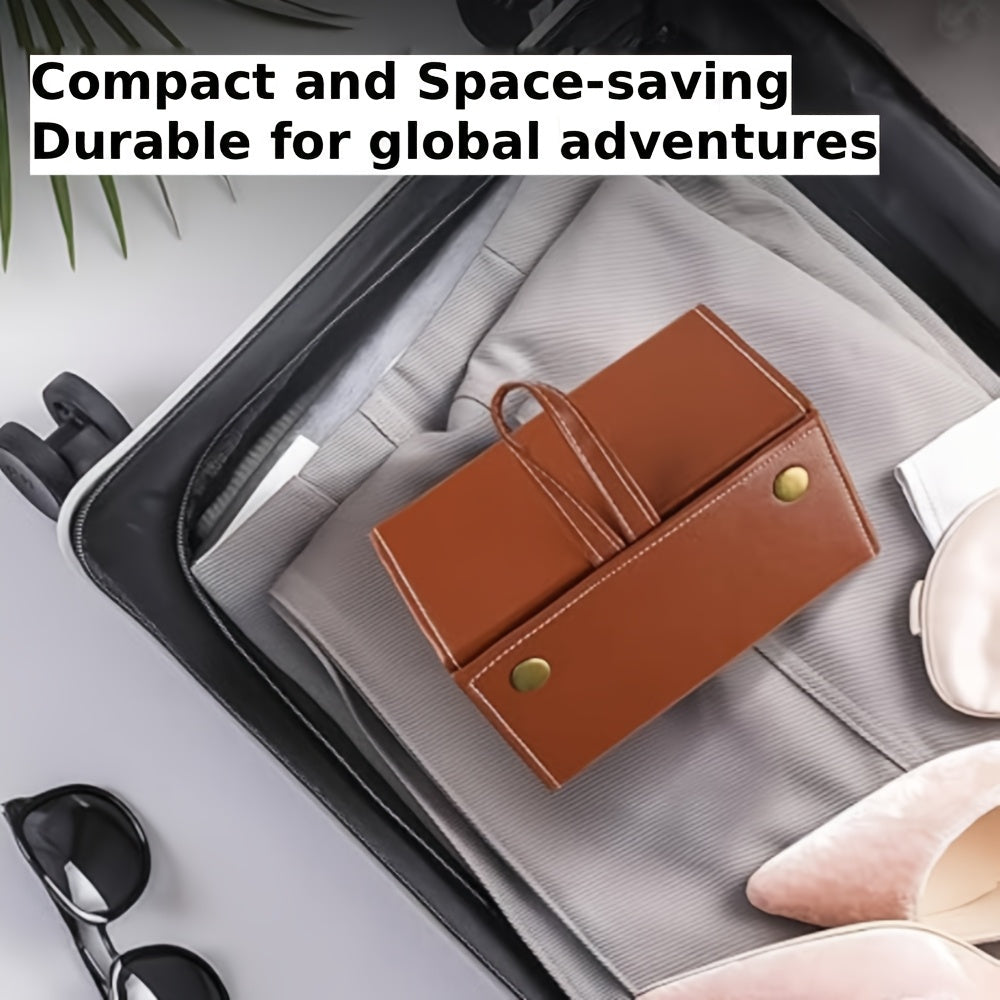 Brown leather wallet in an open suitcase with text 'Compact and Space-saving Durable for global adventures'.