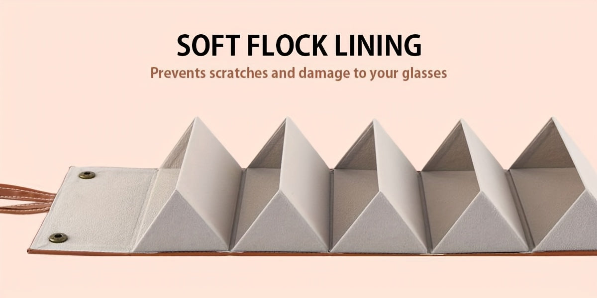 A multi-compartment glass organizer with soft white flocked fabric lining, shown partially open on a light peach background with text reading 'SOFT FLOCK LINING'.