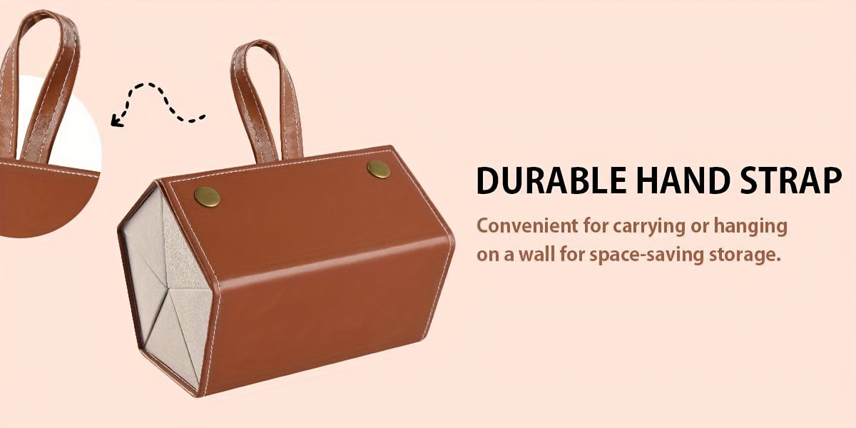 Brown leather handbag with a geometric hexagonal shape, featuring a durable hand strap and brass snap buttons, shown on a light peach background with descriptive text.