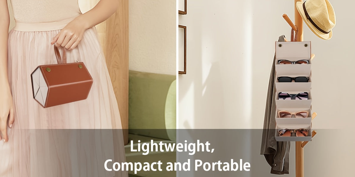 A split promotional image showing a woman in a cream dress holding a brown geometric handbag on the left, and a beige wall-mounted organizer holding sunglasses, a hat, and a coat on the right. Text across the bottom reads 'Lightweight, Compact and Portable'.